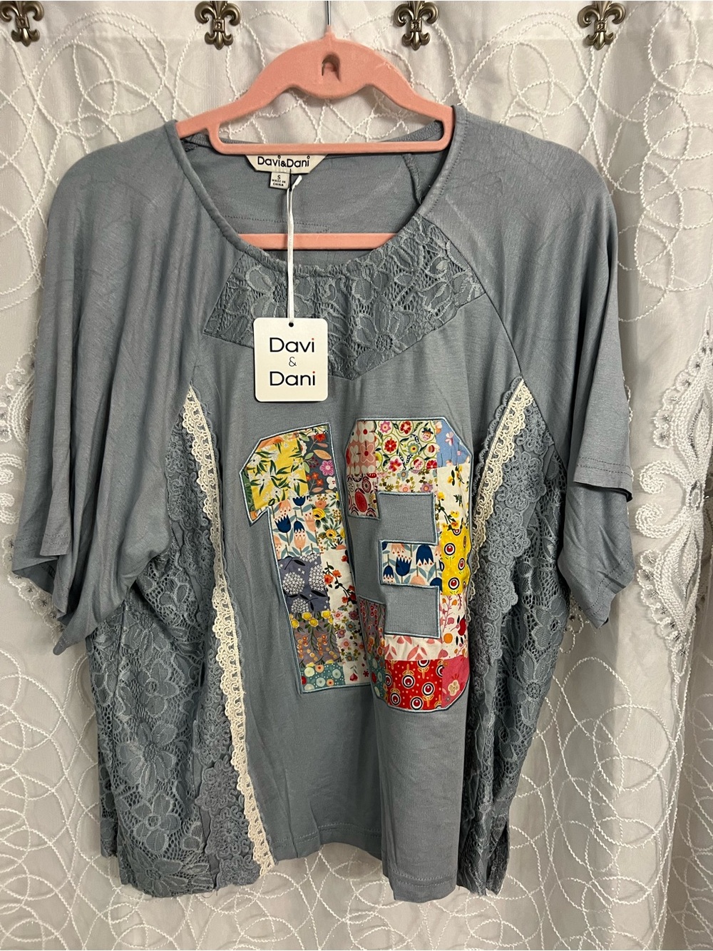 DAVI & DANI Gray Short-Sleeve Top with Colorful '13' Patchwork